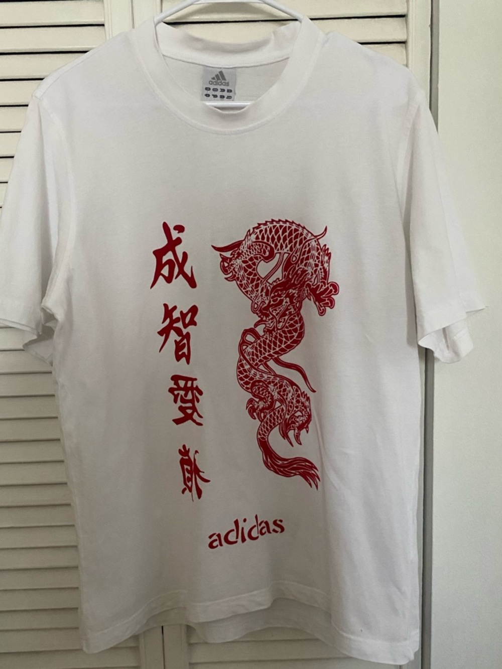 adidas White Short Sleeve Tee with Red Dragon Graphic